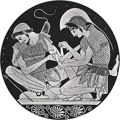 Achilles verbindt de wond van Patrocles. Afbeelding op een Griekse vaas. Foto 'oedipusphinx' op Flickr.com